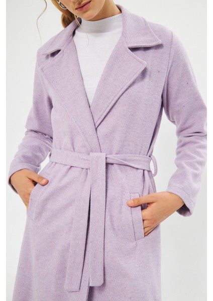 Kadın Astarsız Kuşak Basic Bol Lila Uzun Kaşe Kaban