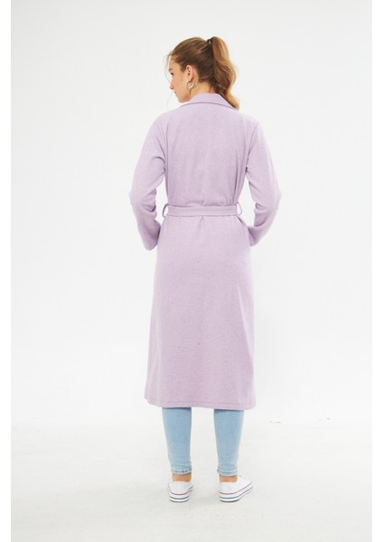 Kadın Astarsız Kuşak Basic Bol Lila Uzun Kaşe Kaban