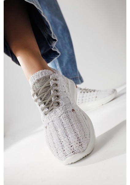 Melisia Beyaz Taş Detaylı Örgü Spor Ayakabı
