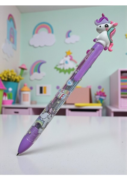 Sevimli Unicorn Tasarımlı 4 Renkli Tükenmez Kalem, Mor ve Pembe Tonları, Otomatik Mekanizma