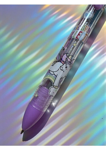 Sevimli Unicorn Tasarımlı 4 Renkli Tükenmez Kalem, Mor ve Pembe Tonları, Otomatik Mekanizma fiyatları