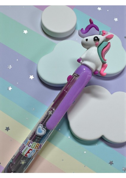 Sevimli Unicorn Tasarımlı 4 Renkli Tükenmez Kalem, Mor ve Pembe Tonları, Otomatik Mekanizma modelleri