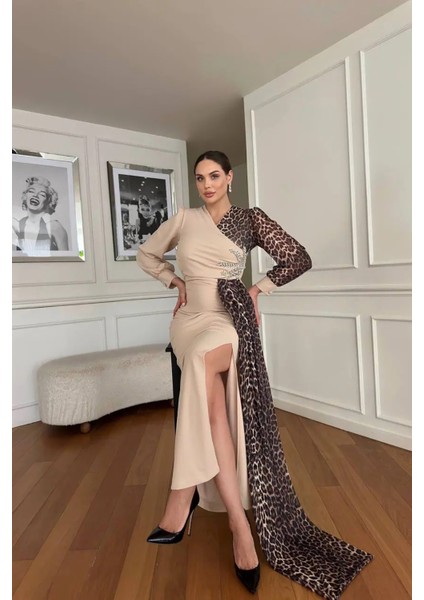 Kadın Leopar Detaylı Yırtmaçlı Abiye Elbise NBNC2509