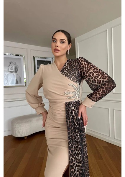 Kadın Leopar Detaylı Yırtmaçlı Abiye Elbise NBNC2509 fiyatları