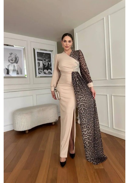 Kadın Leopar Detaylı Yırtmaçlı Abiye Elbise NBNC2509 modelleri