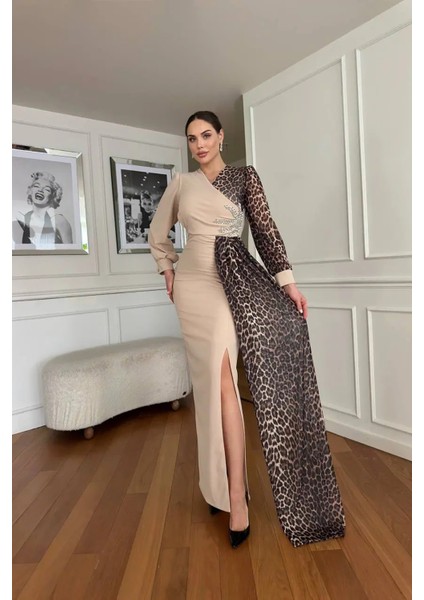 Kadın Leopar Detaylı Yırtmaçlı Abiye Elbise NBNC2509 fırsatları