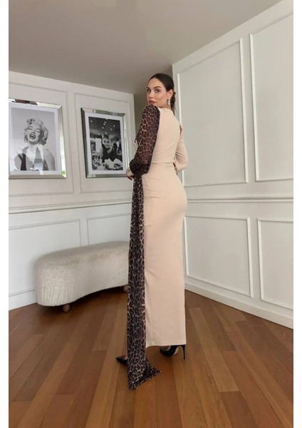 Kadın Leopar Detaylı Yırtmaçlı Abiye Elbise NBNC2509 indirimleri