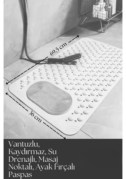 2 Adet Masaj Noktalı Paspas Banyo Duş Küvet Için Vantuzlu Su Drenajlı 69,5 x 36 cm fiyatları