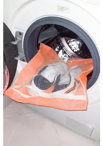 Turuncu - Fermuarlı - Hassas Çamaşır Terlik Ayakkabı Yıkama Filesi Büyük Boy