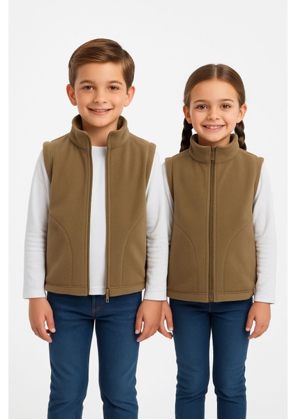 Kolsuz Fermuarlı Astarlı Çift Cepli Dik Yaka Çocuk Yelek