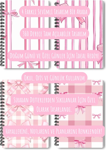Pembe Fiyonklar Tasarım Tel Spiralli 4'lü Hatıra, Günlük, Ajanda, Anı, Okul Defter Seti