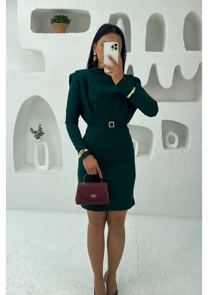 Kadın Tokalı Kemerli Kol Vatkalı Mini Elbise NBMY3838 fiyatları