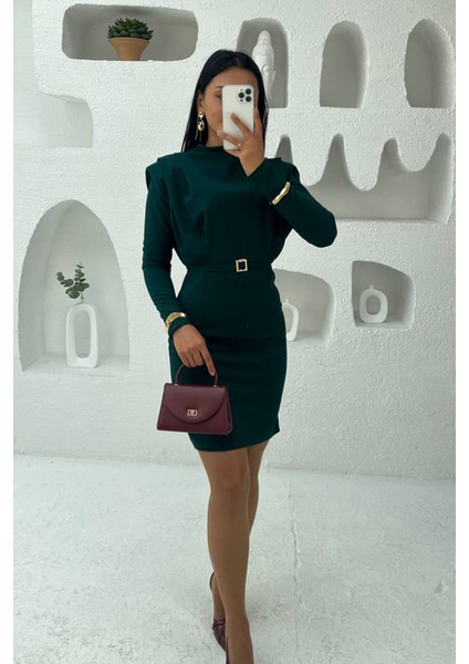 Kadın Tokalı Kemerli Kol Vatkalı Mini Elbise NBMY3838 modelleri