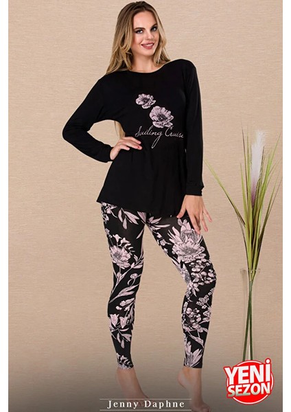 Lady Çiçek Desenli Uzun Kollu Üst ve Kapri Pijama Takımı