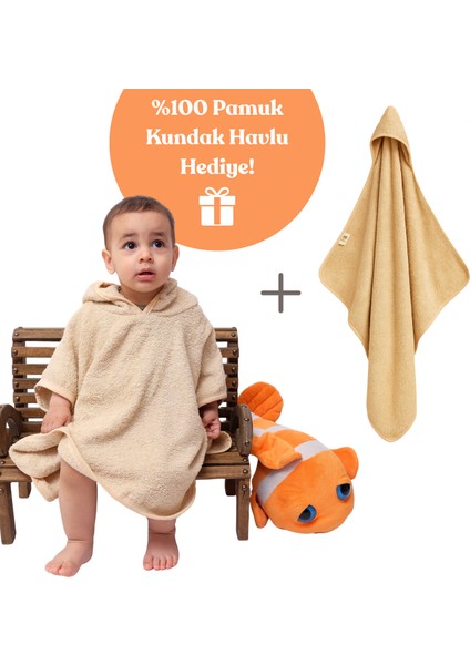 Organik %100 Pamuk Kapüşonlu Plaj Çocuk Bebek Panço Bornoz Banyo Havlu + Kundak Havlu Hediyeli