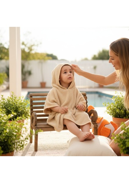 Organik %100 Pamuk Kapüşonlu Plaj Çocuk Bebek Panço Bornoz Banyo Havlu + Kundak Havlu Hediyeli indirimleri