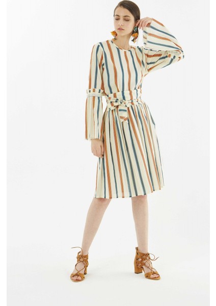 Beli Lastikli Renkli Çizgili Etek Krem Y1865122_047