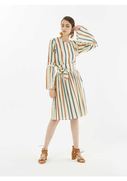 Beli Lastikli Renkli Çizgili Etek Krem Y1865122_047