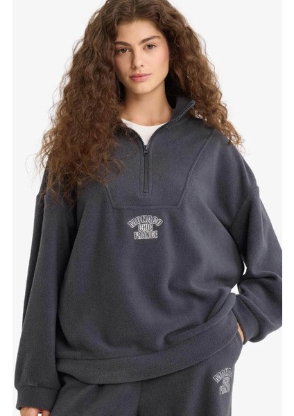 Oversize Dik Yaka Fermuarlı Baskılı Polar Antrasit Kadın Sweatshirt Y2649AZ/AR191