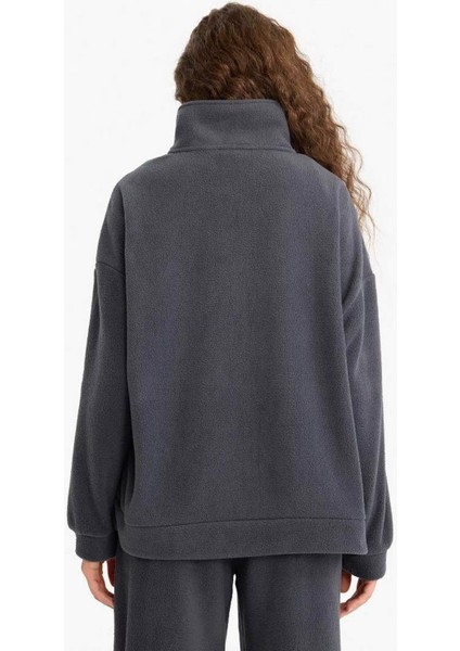 Oversize Dik Yaka Fermuarlı Baskılı Polar Antrasit Kadın Sweatshirt Y2649AZ/AR191 indirimleri