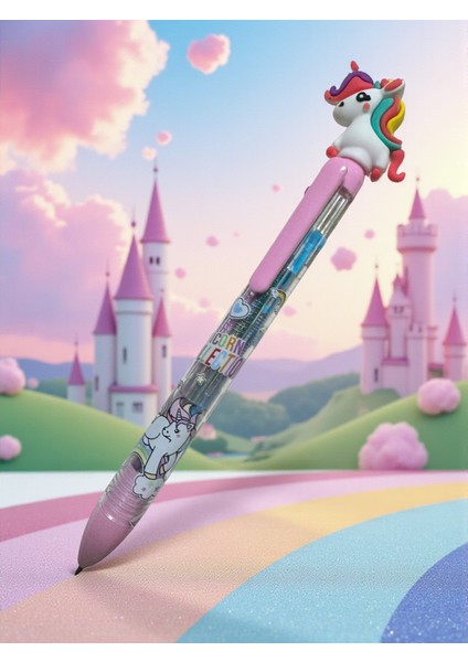 Sevimli Unicorn Tasarımlı 4 Renkli Tükenmez Kalem, Mor ve Pembe Tonları, Otomatik Mekanizma