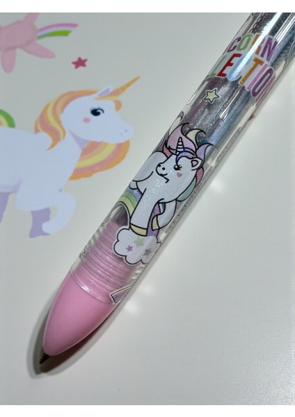 Sevimli Unicorn Tasarımlı 4 Renkli Tükenmez Kalem, Mor ve Pembe Tonları, Otomatik Mekanizma fiyatları
