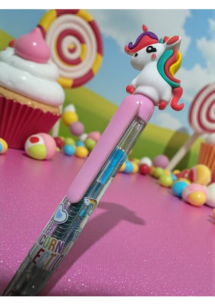 Sevimli Unicorn Tasarımlı 4 Renkli Tükenmez Kalem, Mor ve Pembe Tonları, Otomatik Mekanizma modelleri