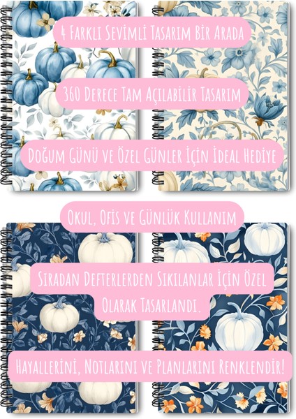 Mavi Sonabahar Temalı Tasarım Tel Spiralli 4'lü Hatıra, Günlük, Ajanda, Anı, Okul Defter Seti