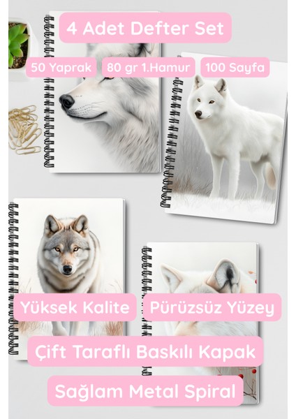 Beyaz Kurt Kış Temalı Tasarım Tel Spiralli 4'lü Hatıra, Günlük, Ajanda, Anı, Okul Defter Seti