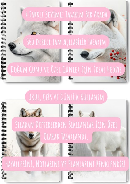 Beyaz Kurt Kış Temalı Tasarım Tel Spiralli 4'lü Hatıra, Günlük, Ajanda, Anı, Okul Defter Seti