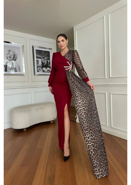 Kadın Leopar Detaylı Yırtmaçlı Abiye Elbise NBNC2509