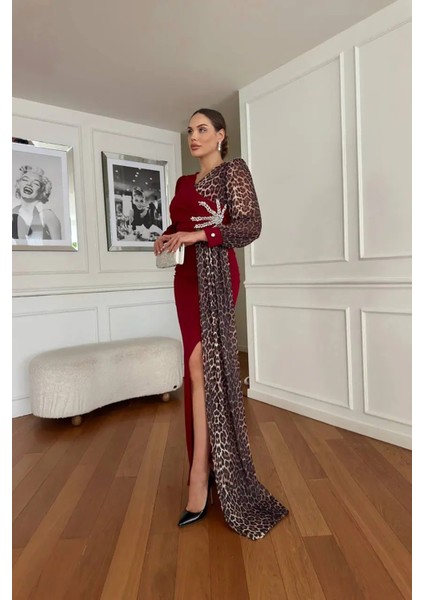 Kadın Leopar Detaylı Yırtmaçlı Abiye Elbise NBNC2509 fiyatları