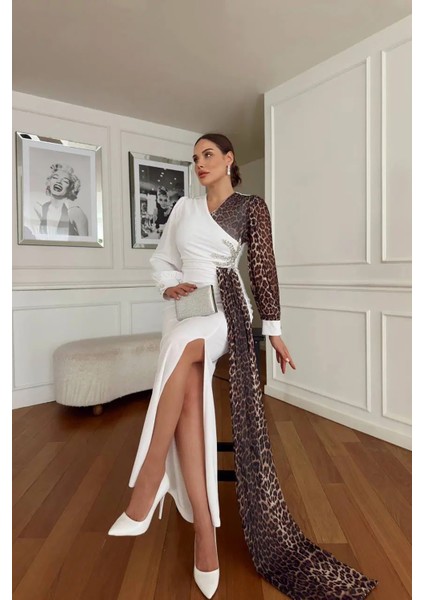 Kadın Leopar Detaylı Yırtmaçlı Abiye Elbise NBNC2509