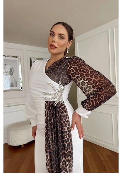 Kadın Leopar Detaylı Yırtmaçlı Abiye Elbise NBNC2509 modelleri