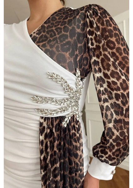 Kadın Leopar Detaylı Yırtmaçlı Abiye Elbise NBNC2509 fırsatları