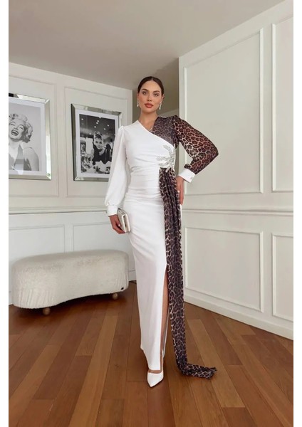 Kadın Leopar Detaylı Yırtmaçlı Abiye Elbise NBNC2509 indirimleri