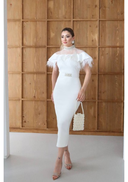 Kadın Dantel ve Tüy Detaylı Taş Kemerli Midi Tasarım Elbise NBNC2521