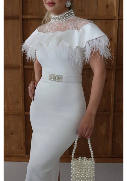 Kadın Dantel ve Tüy Detaylı Taş Kemerli Midi Tasarım Elbise NBNC2521 fiyatları