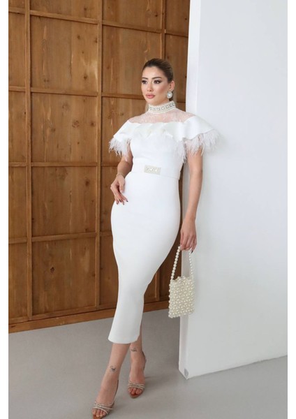 Kadın Dantel ve Tüy Detaylı Taş Kemerli Midi Tasarım Elbise NBNC2521 modelleri