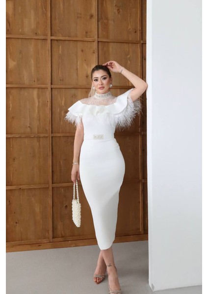 Kadın Dantel ve Tüy Detaylı Taş Kemerli Midi Tasarım Elbise NBNC2521 fırsatları