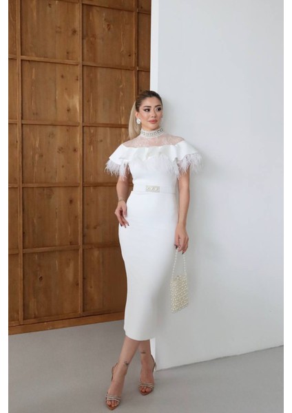 Kadın Dantel ve Tüy Detaylı Taş Kemerli Midi Tasarım Elbise NBNC2521 indirimleri