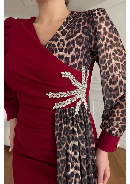 Kadın Leopar Detaylı Yırtmaçlı Abiye Elbise NBNC2509 modelleri