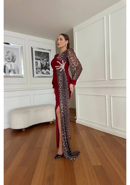 Kadın Leopar Detaylı Yırtmaçlı Abiye Elbise NBNC2509 fırsatları
