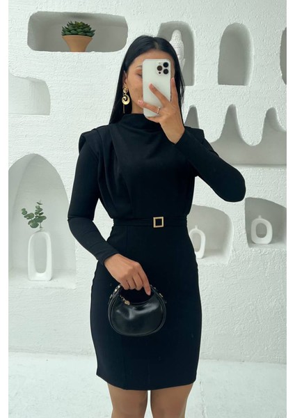 Kadın Tokalı Kemerli Kol Vatkalı Mini Elbise NBMY3838