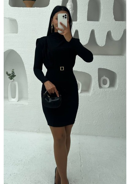 Kadın Tokalı Kemerli Kol Vatkalı Mini Elbise NBMY3838 modelleri