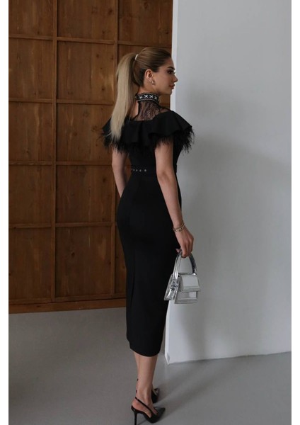 Kadın Dantel ve Tüy Detaylı Taş Kemerli Midi Tasarım Elbise NBNC2521 fırsatları