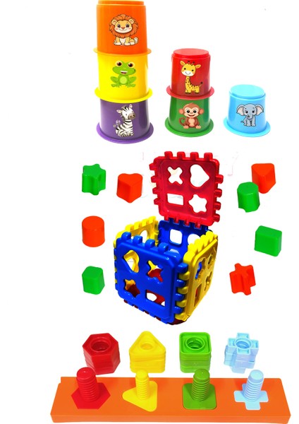 Geometrik Şekiller + Sevimli Hayvanlar Bardak Kule Puzzle Bultak Küp