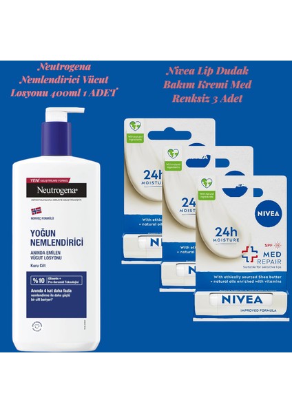 Deep Moisture Sensitive - Nemlendirici Vücut Losyonu 400ML + Nivea Lip Med Repair Dudak Kremi 3 Adet