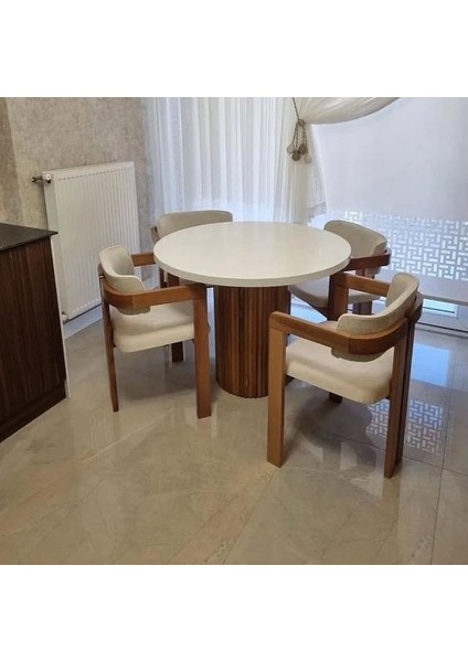 Yuvarlak Ahşap Masa Takımı Bohem 4 Kişilik Mutfak Masa Sandalye Takımı Iskandinav