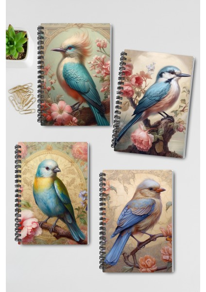 Vintage Kuş Temalı No:1 Tasarım Tel Spiralli 4'lü Hatıra, Günlük, Ajanda, Anı, Okul Defter Seti